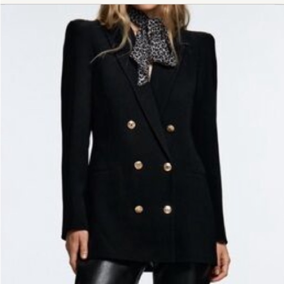 ZARA black double breasted blazer gold buttons Size Large EUC shoulder padded - Picture 1 of 13